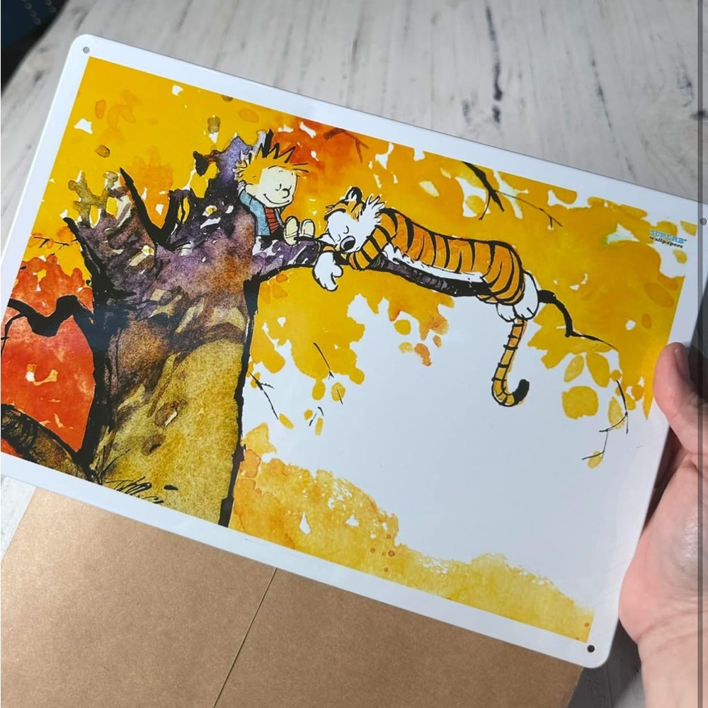 Colorful Calvin and Hobbes Cartoon Metal Sign